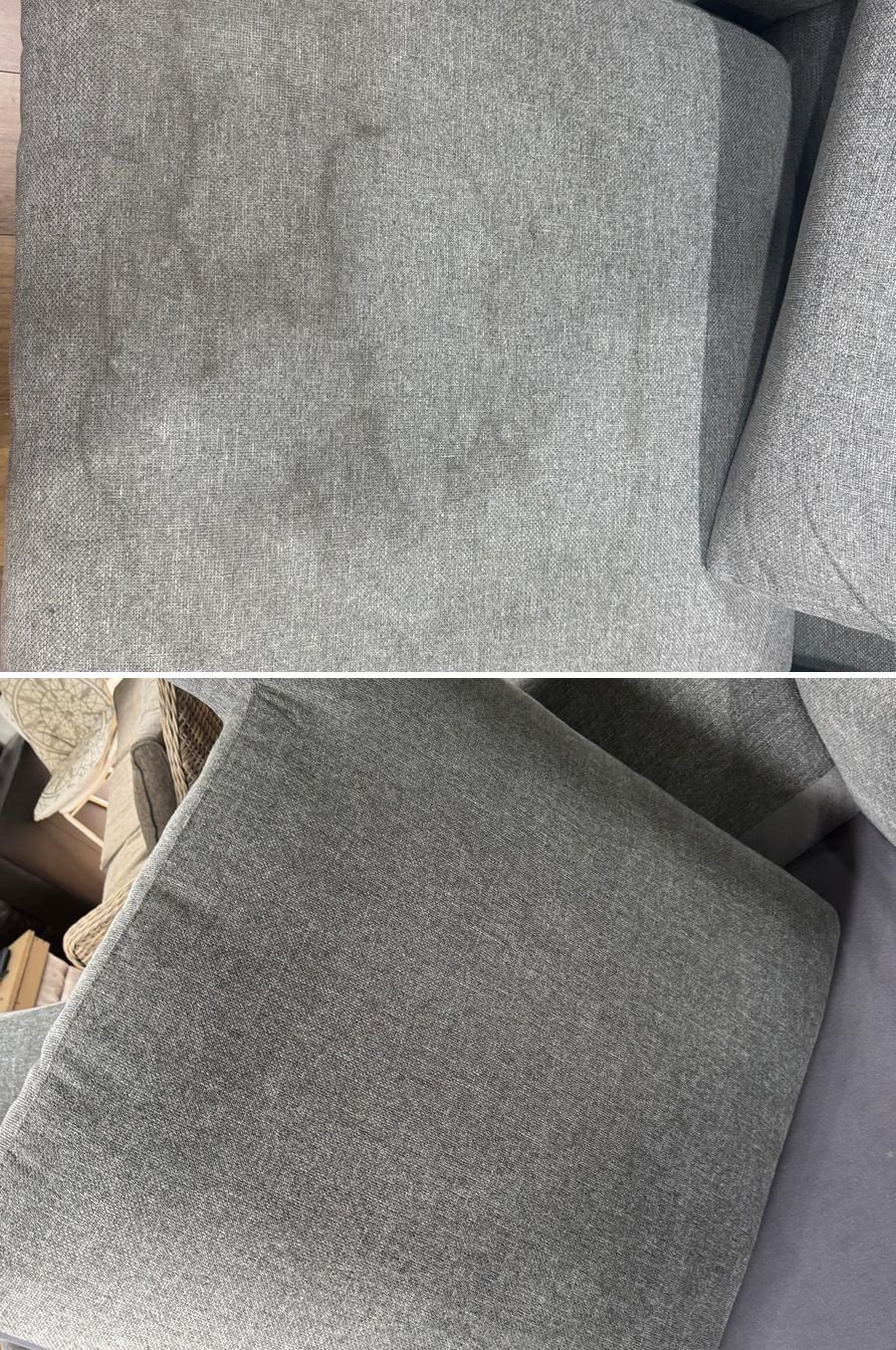 Grey sofa corner cushion before and after upholstery cleaning