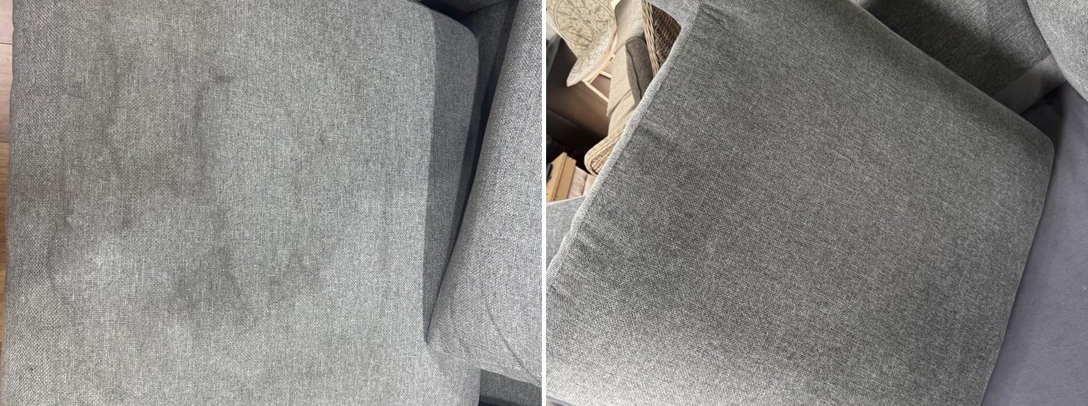 Grey sofa corner cushion before and after upholstery cleaning