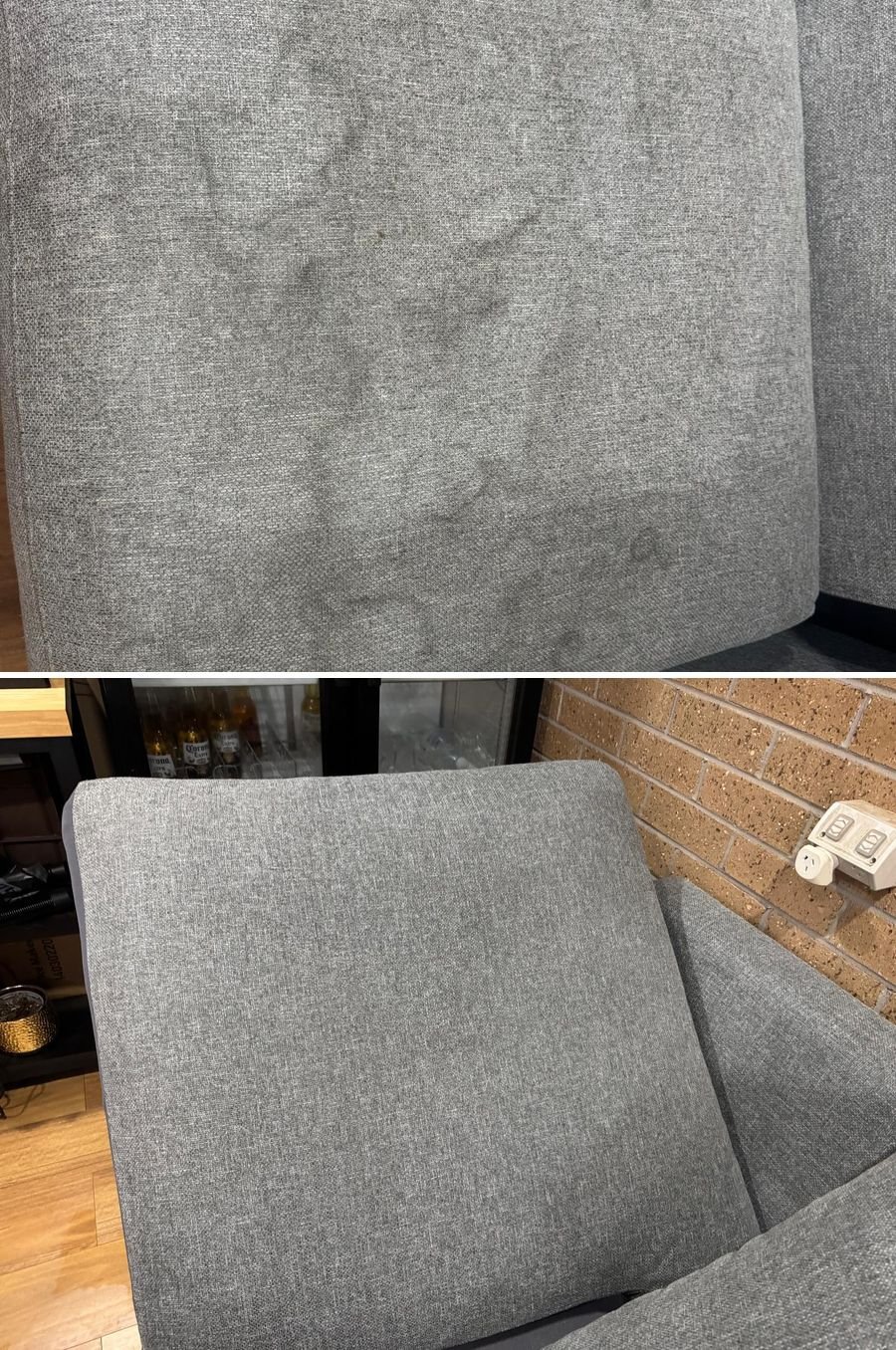 Water marked grey sofa cushion before and after cleaning