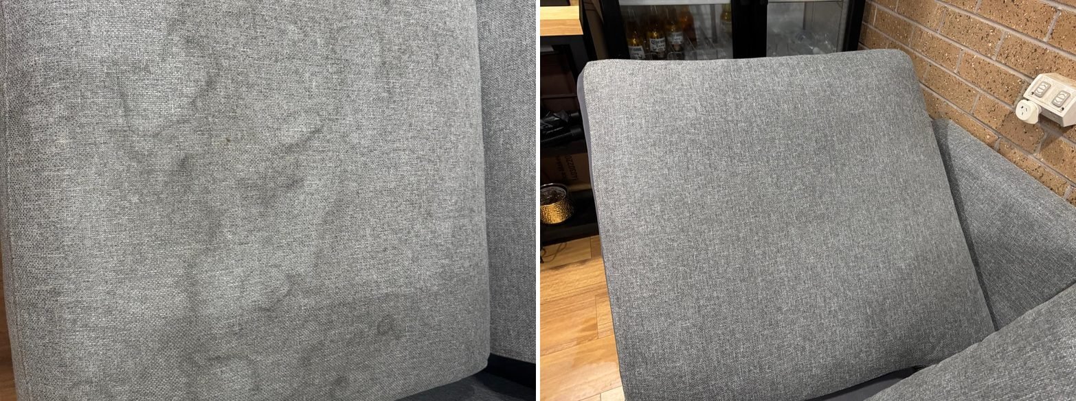 Water marked grey sofa cushion before and after cleaning