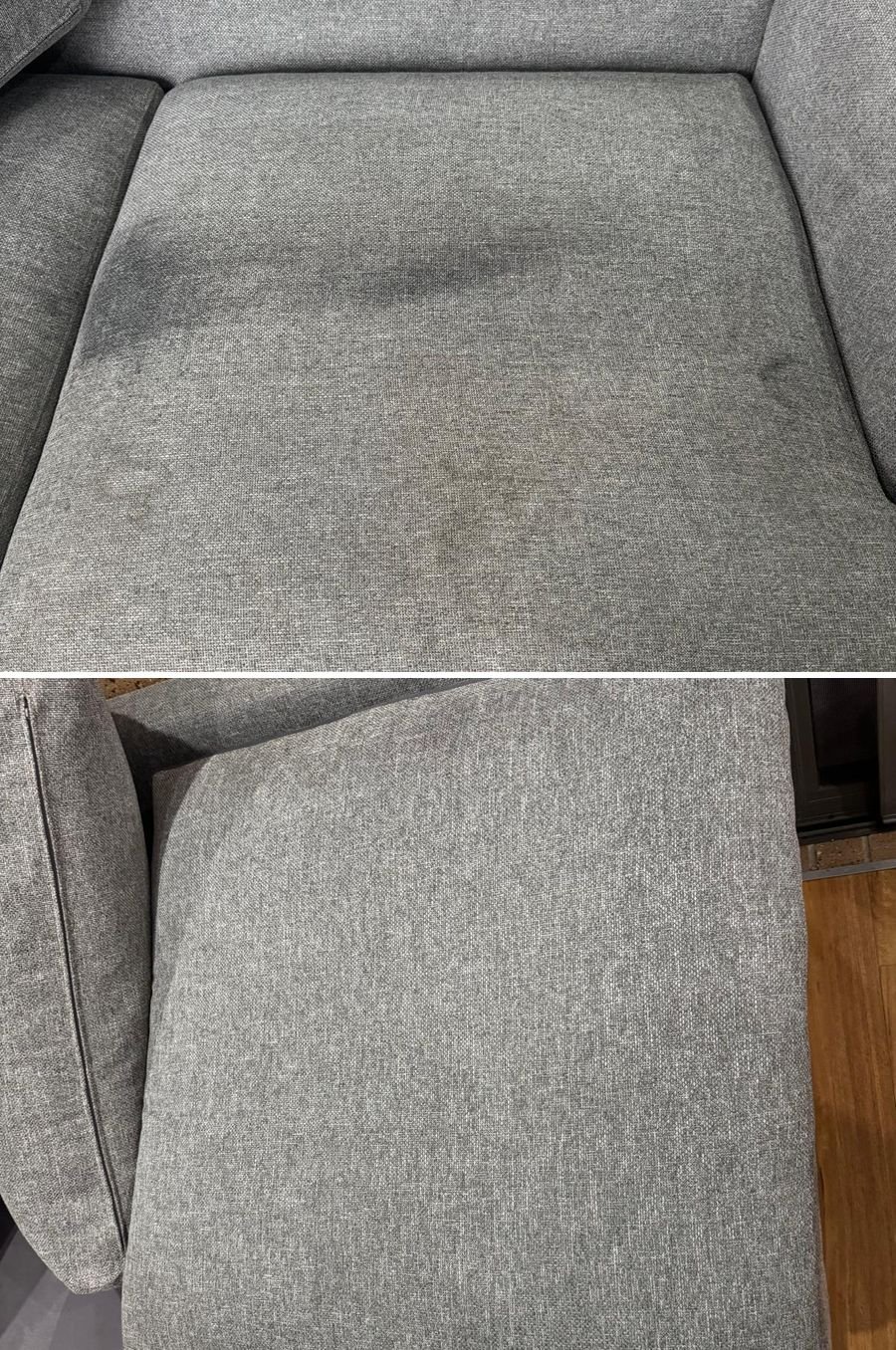 Grey lounge seat with body oil marks before and after cleaning