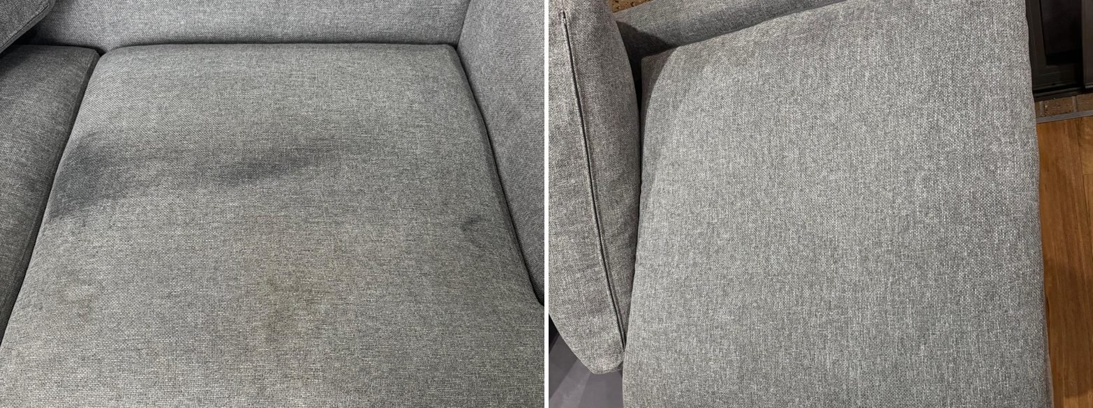 Grey lounge seat with body oil marks before and after cleaning