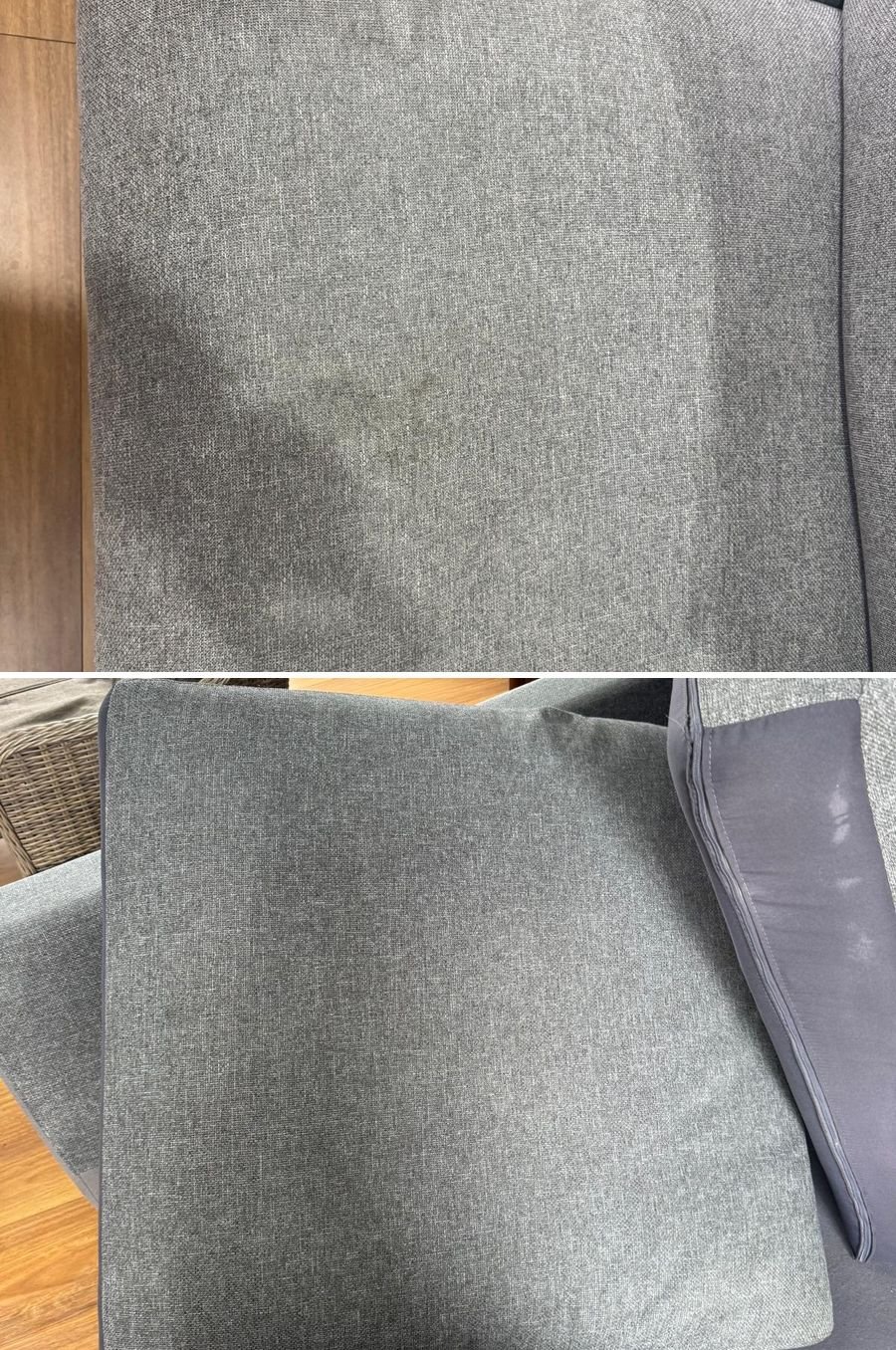 Stained grey cushion before and after couch steam cleaning