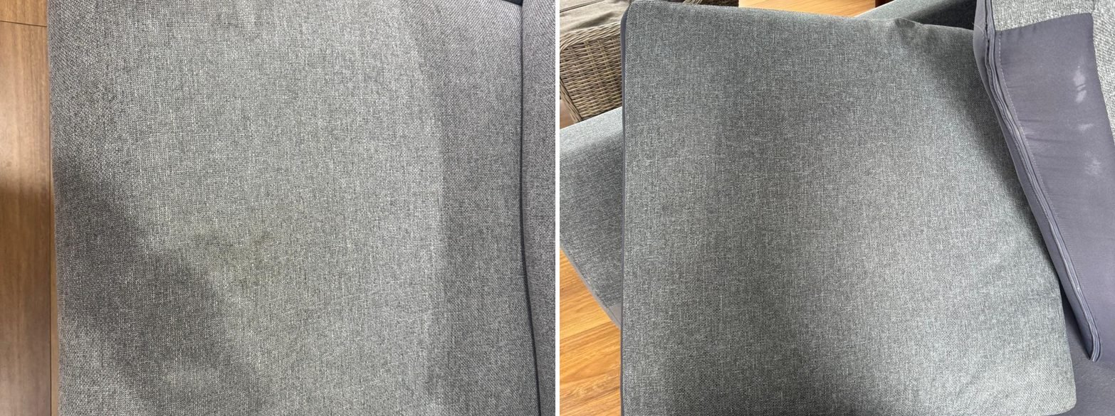 Stained grey cushion before and after couch steam cleaning