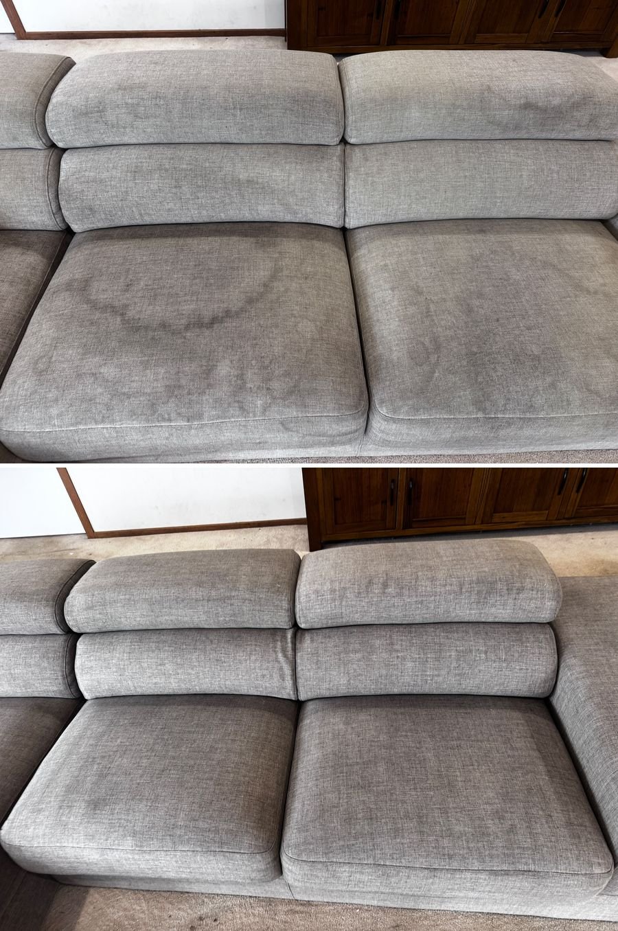 Grey sectional couch before and after couch cleaning in Melbourne