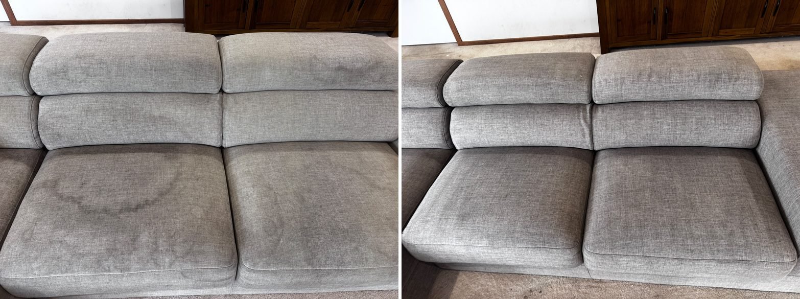 Grey sectional couch before and after couch cleaning in Melbourne