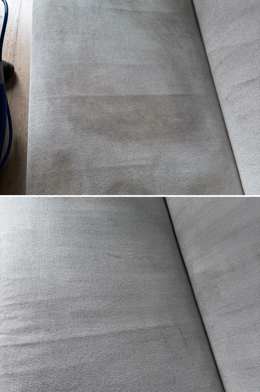 Couch cushion stain close up before and after cleaning