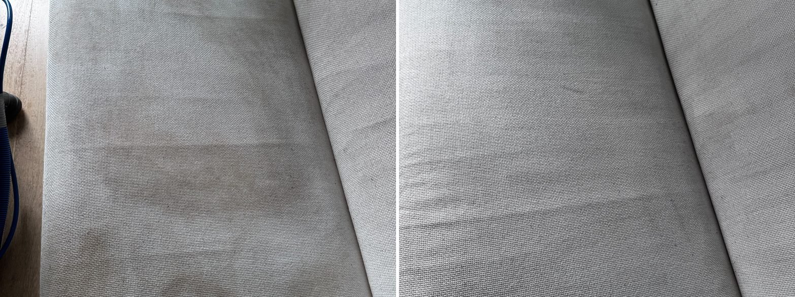Couch cushion stain close up before and after cleaning