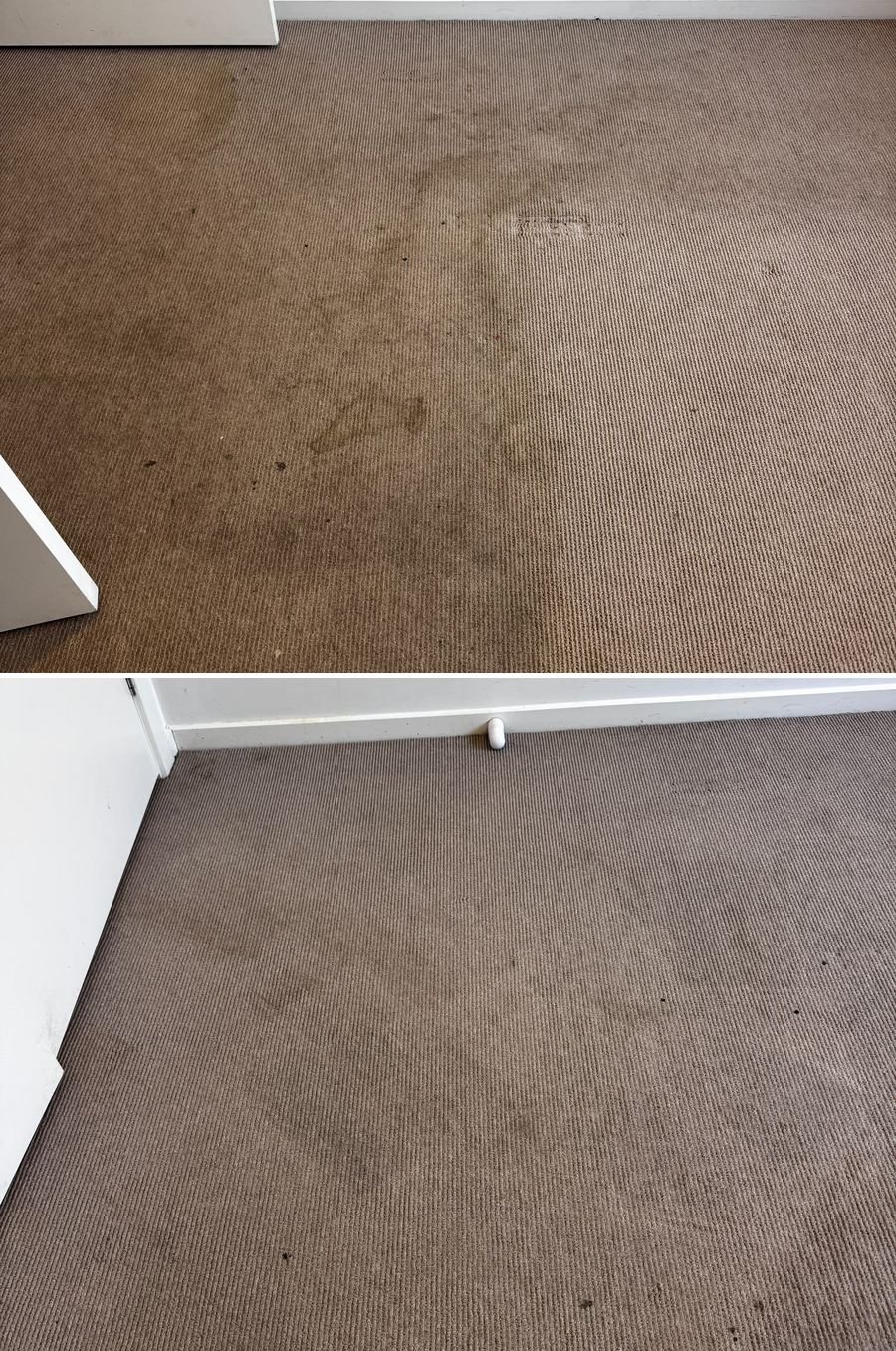 Brown bedroom carpet with spills before and after carpet cleaning