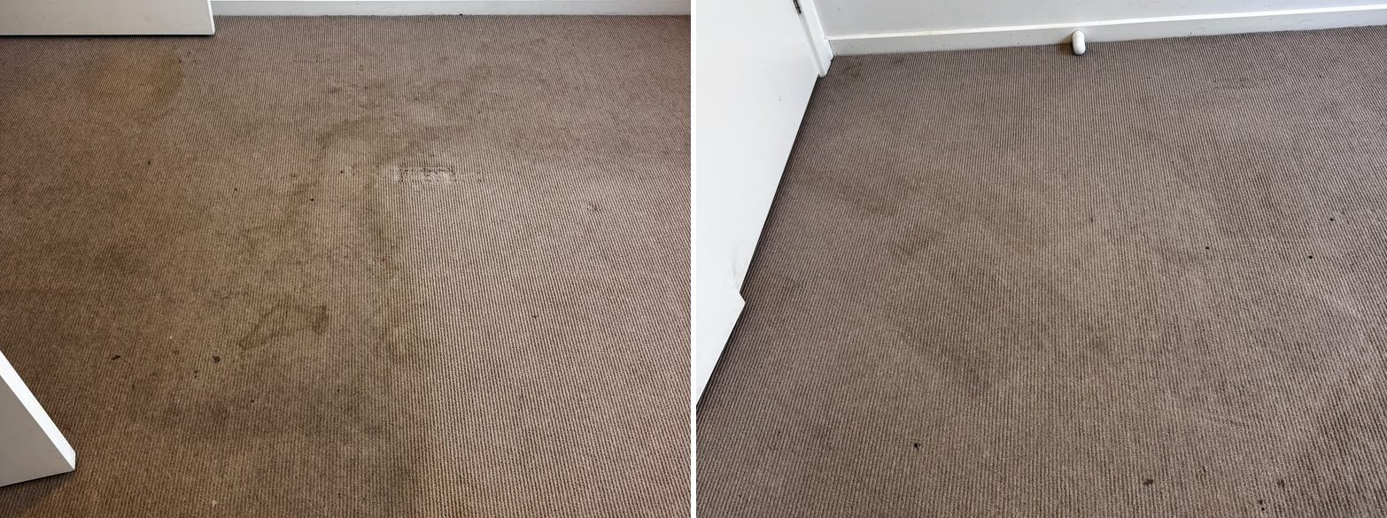 Brown bedroom carpet with spills before and after carpet cleaning