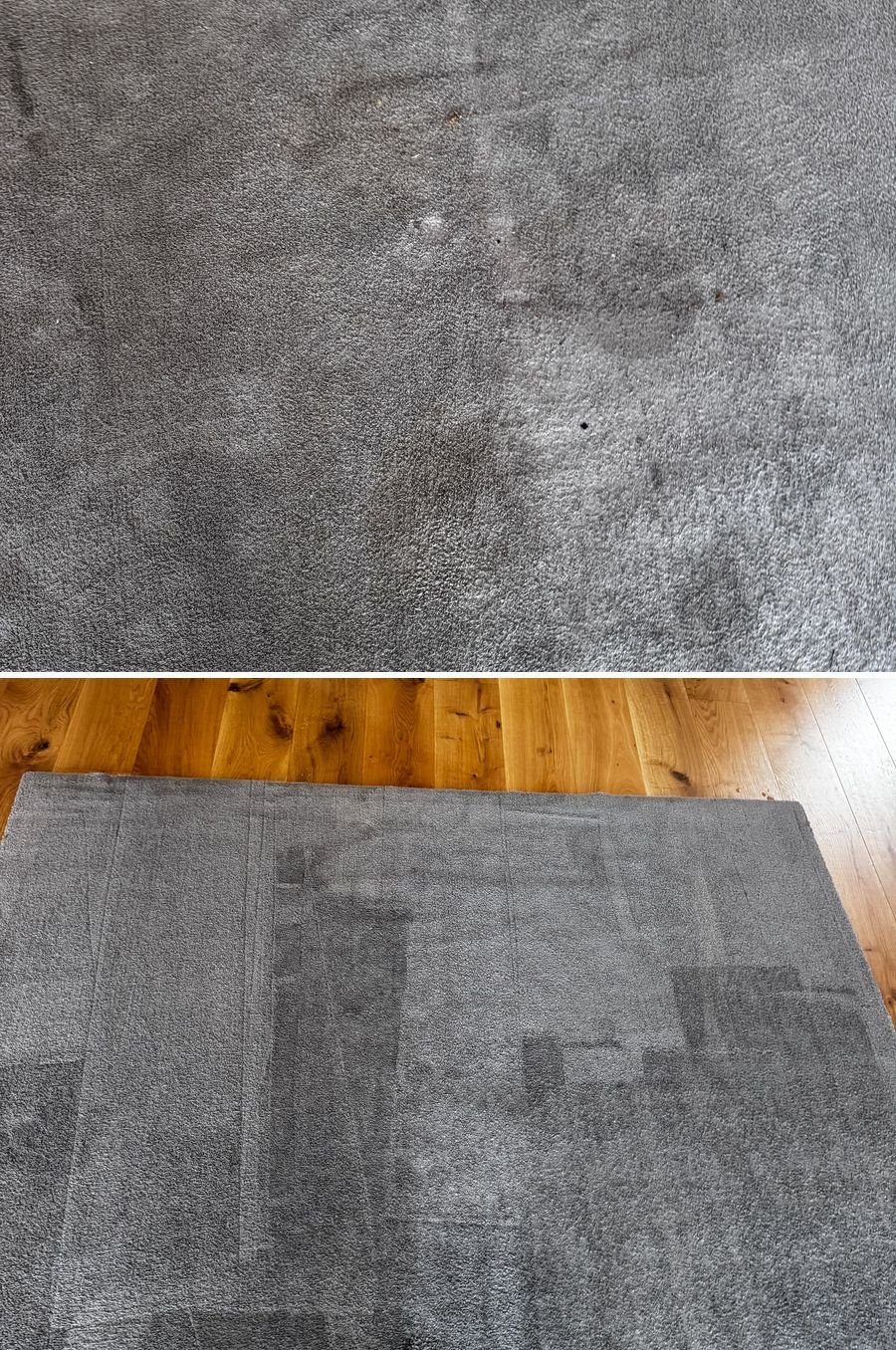 Grey rug before and after rug cleaning, wand lines visible