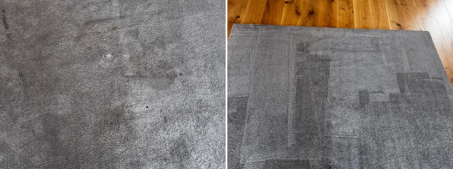 Grey rug before and after rug cleaning, wand lines visible