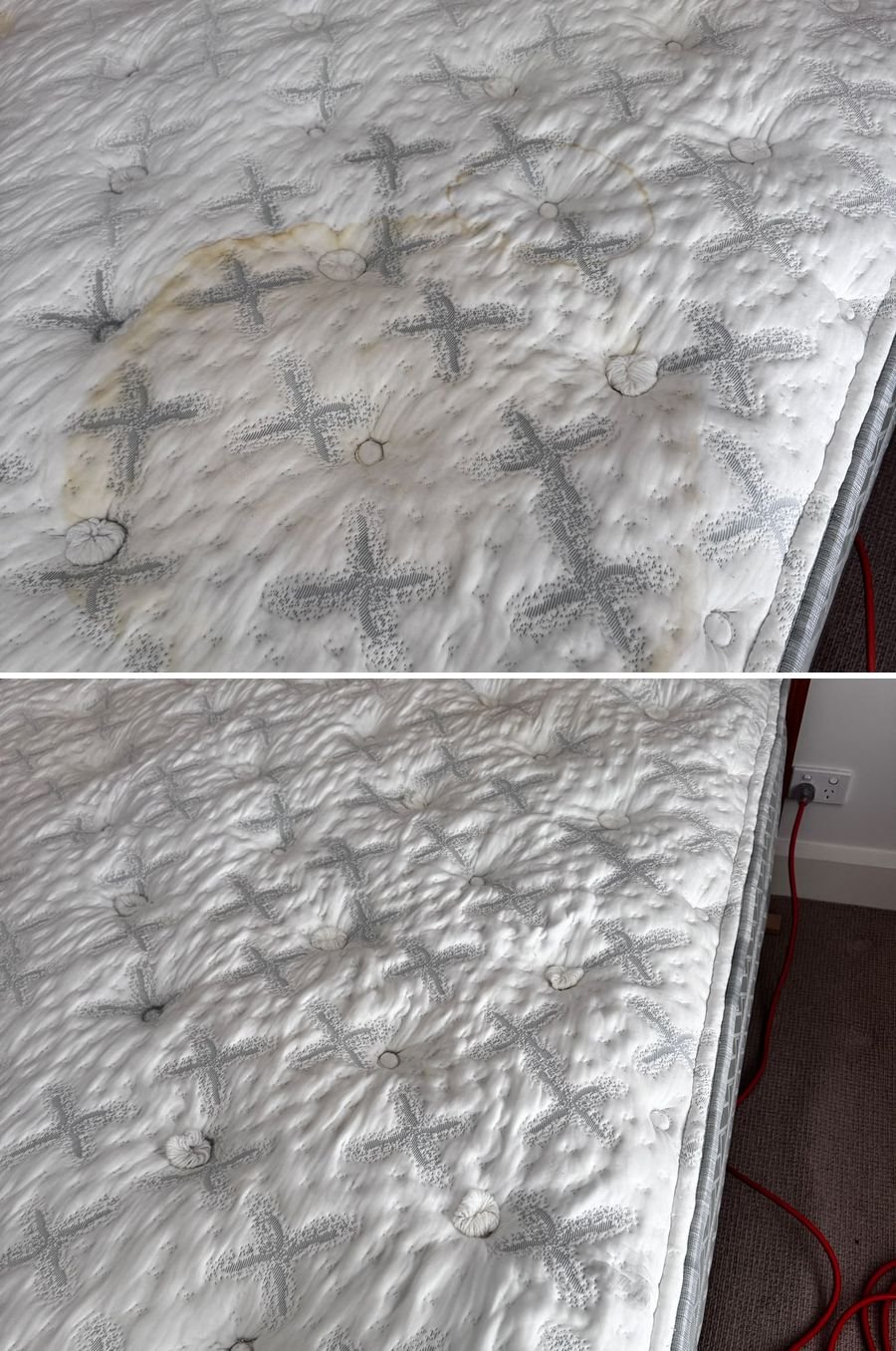 Mattress with a urine stain before and after mattress cleaning
