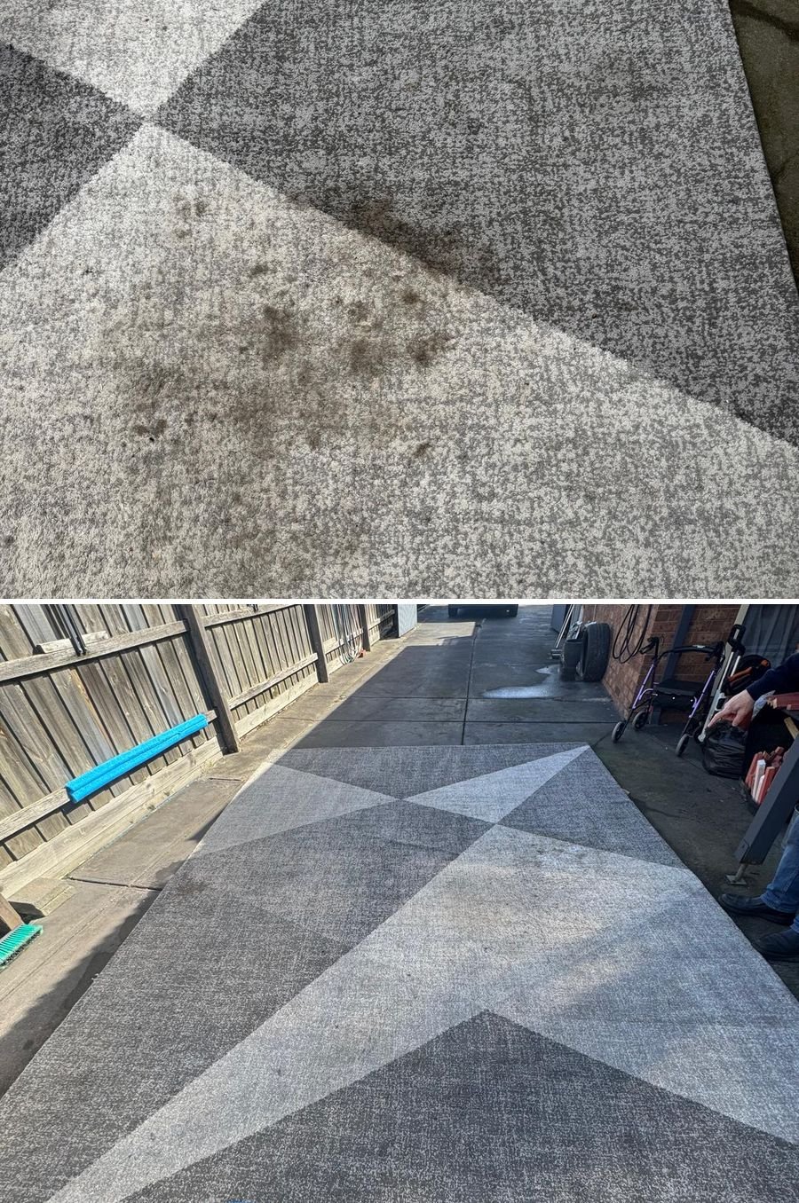 Patterned rug with ground in soil before and after rug cleaning