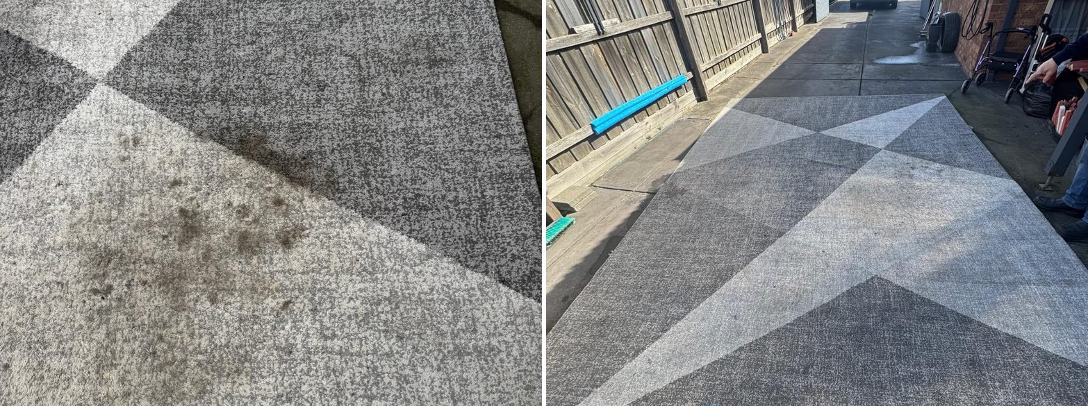 Patterned rug with ground in soil before and after rug cleaning