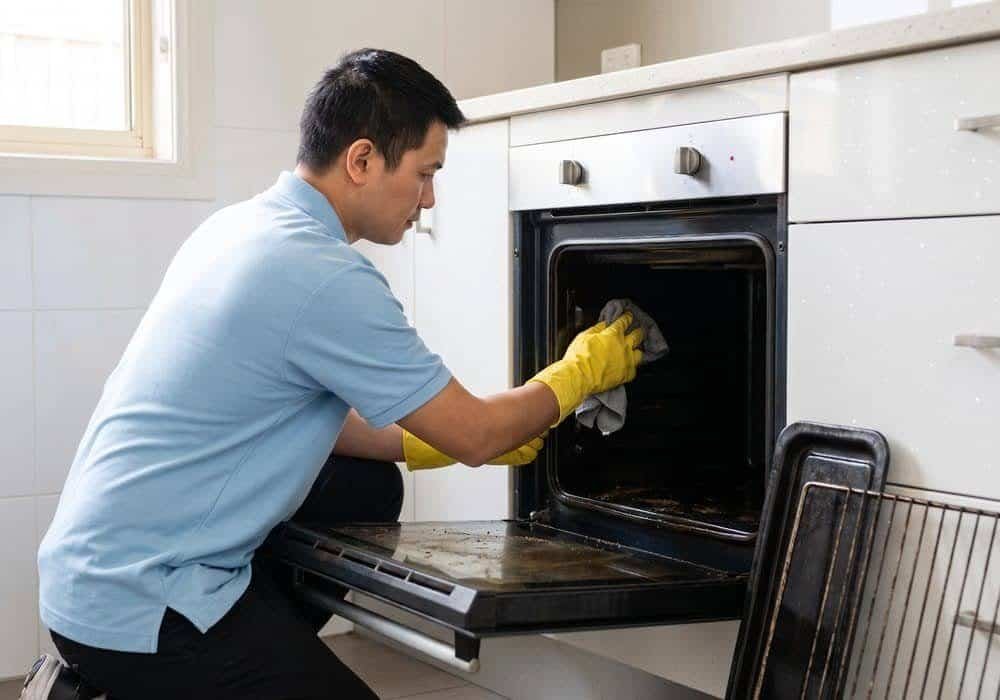 Oven being deep cleaned during an end of lease clean in Melbourne