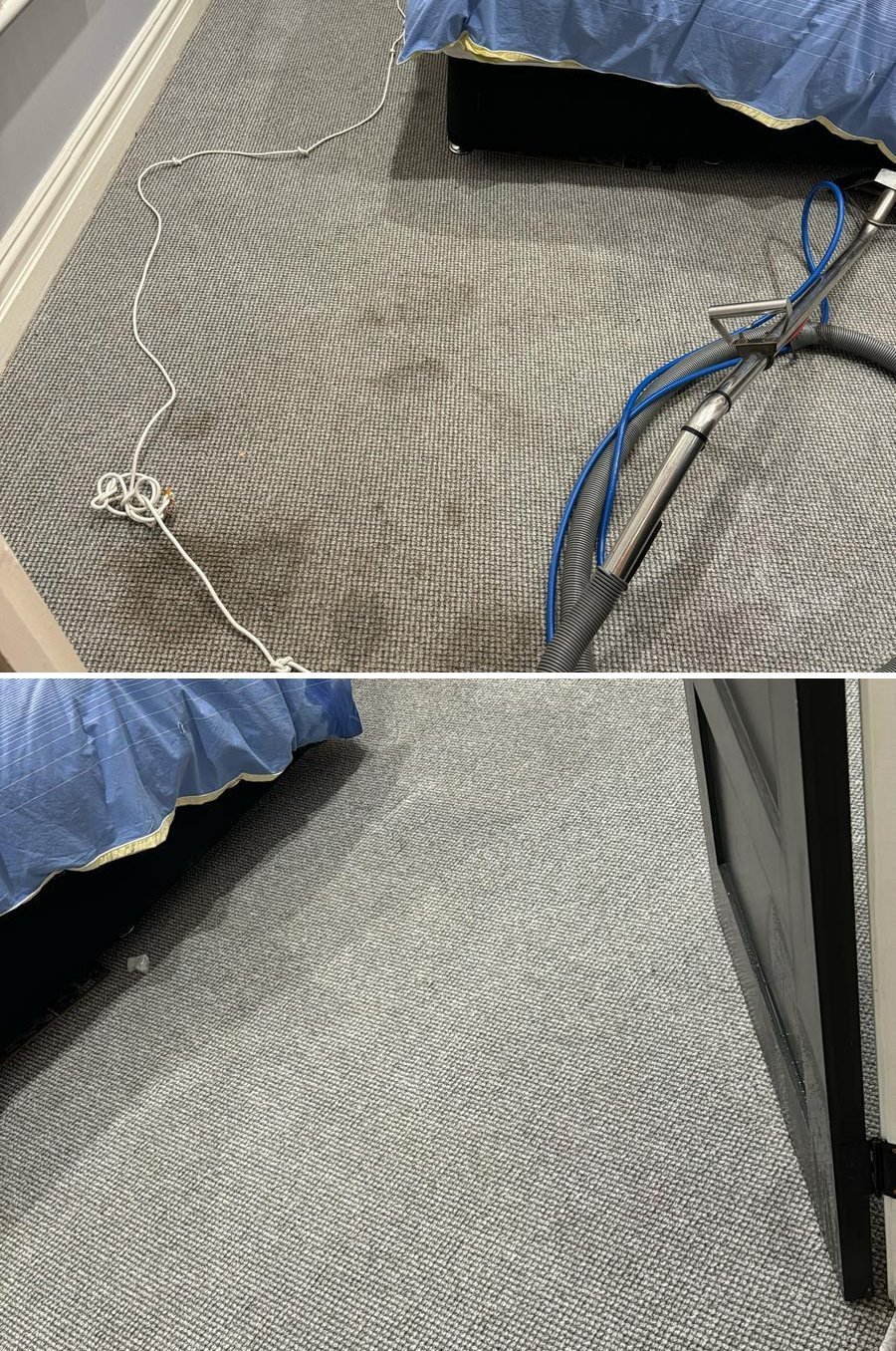 Bedroom carpet cleaned with a hot water extraction wand, before and after
