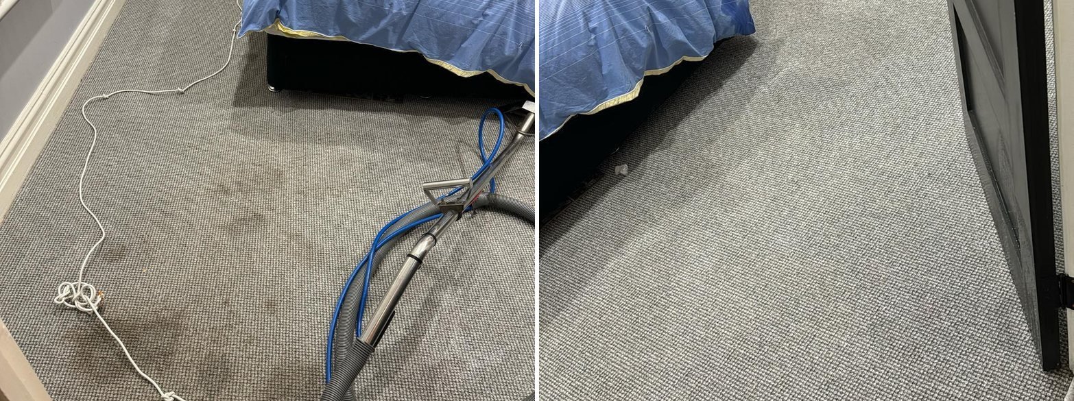 Bedroom carpet cleaned with a hot water extraction wand, before and after