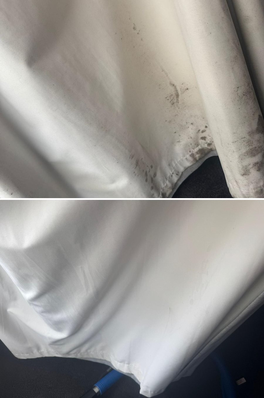 White curtain with mould along the hem before and after curtain cleaning