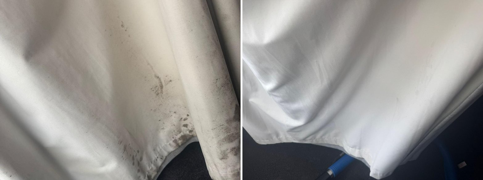 White curtain with mould along the hem before and after curtain cleaning