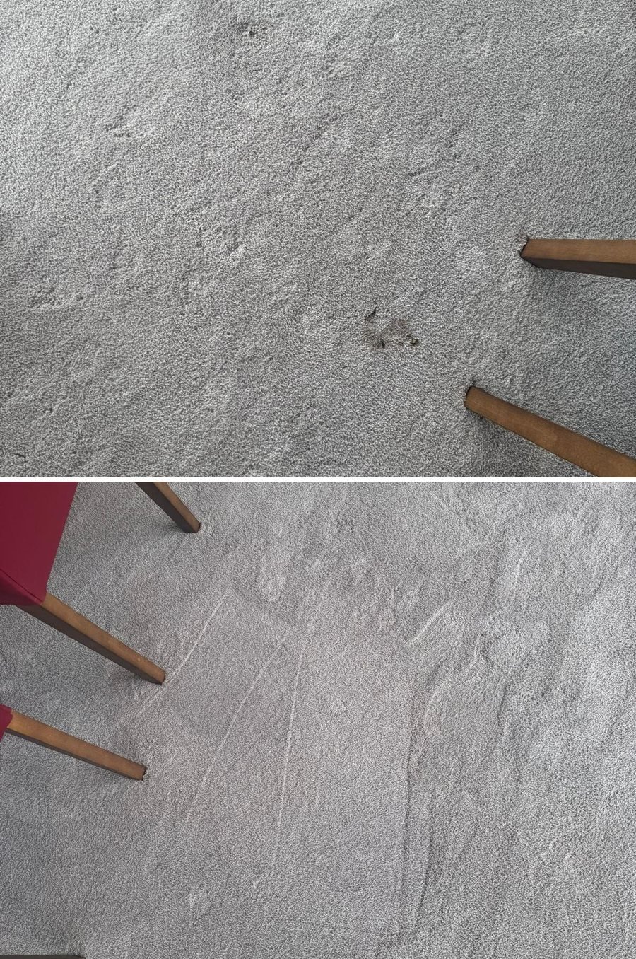 Dining area carpet with ground in spots before and after carpet cleaning
