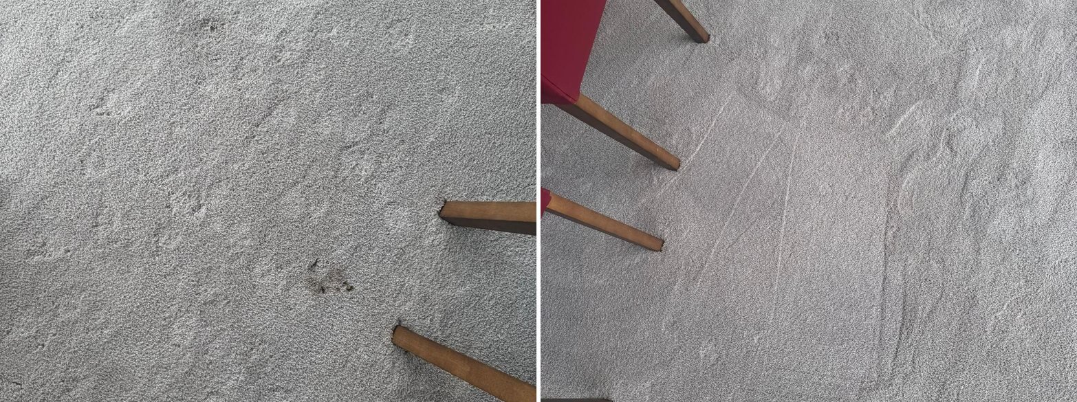 Dining area carpet with ground in spots before and after carpet cleaning