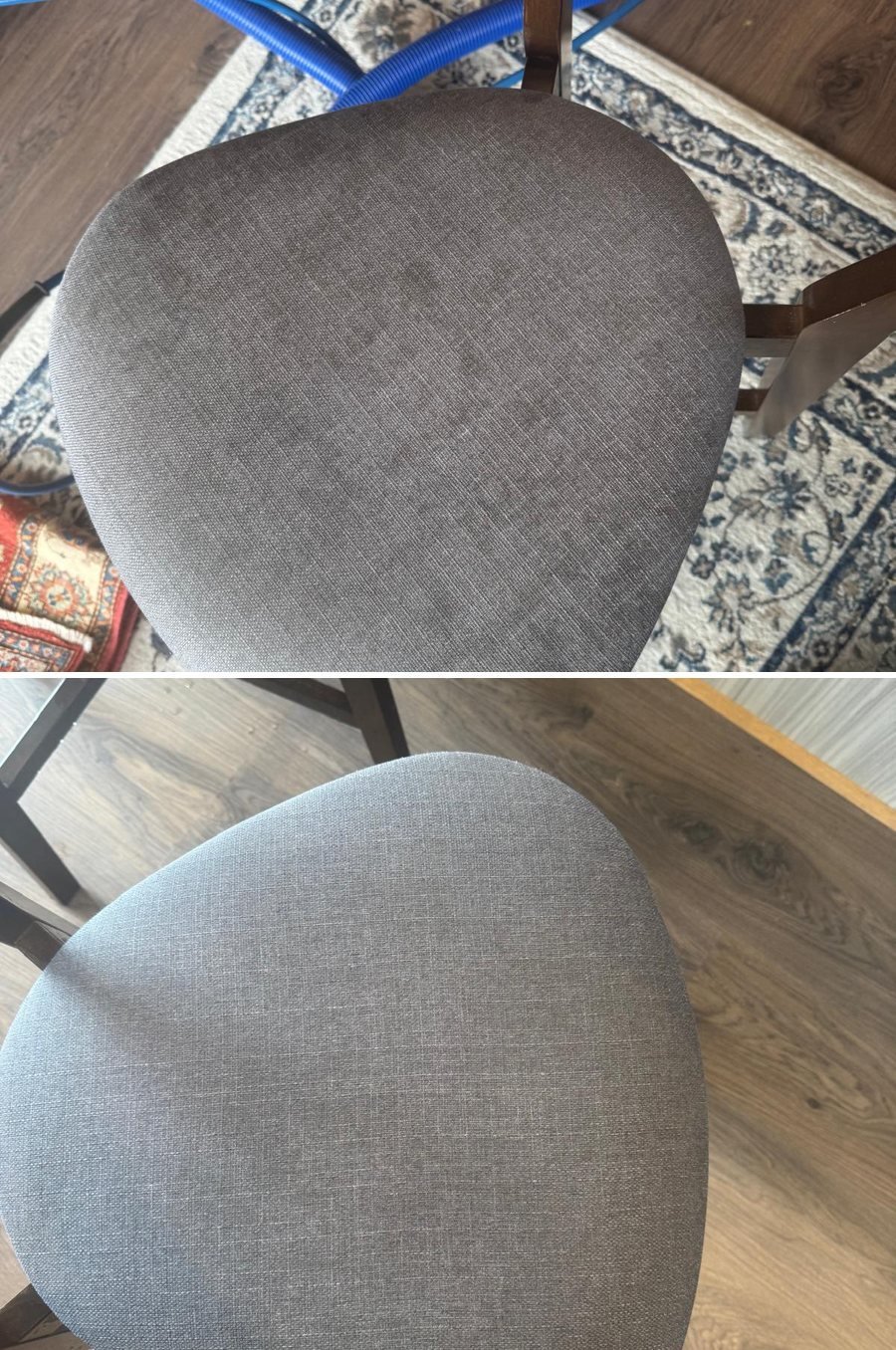 Grey fabric dining chair seat before and after upholstery cleaning