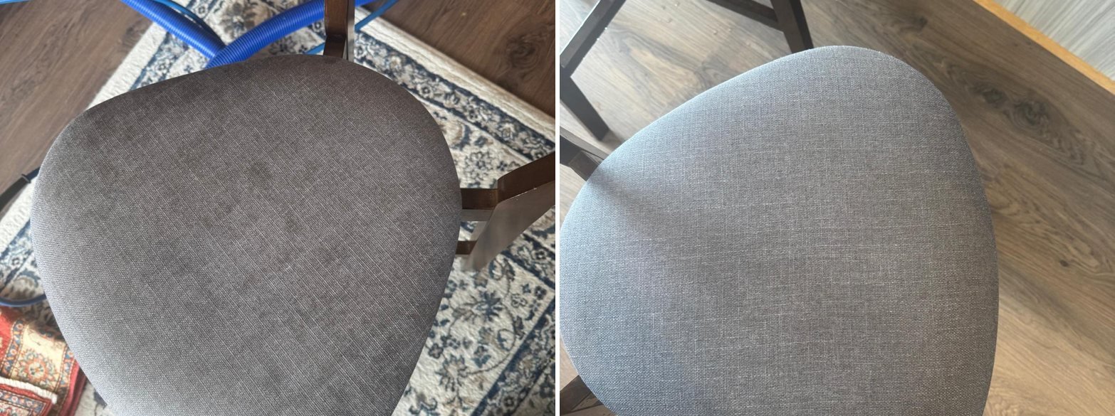 Grey fabric dining chair seat before and after upholstery cleaning