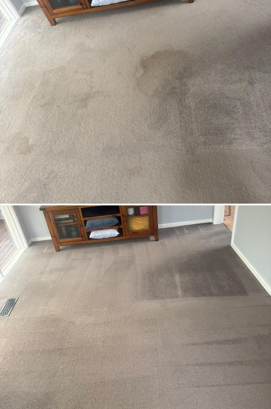 Lounge room carpet with traffic marks before and after carpet steam cleaning in Melbourne